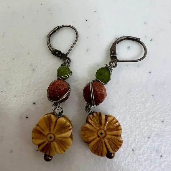 Goldstone Earrings Flower Dangle Beaded Orange Green Wire‎ Wrapped Drop 3D - Picture 4 of 6